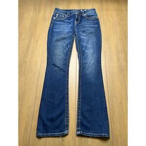 Y2K Miss Me Womens Bootcut Jeans Sz 29 Dark Wash Embellished Pockets Distressed